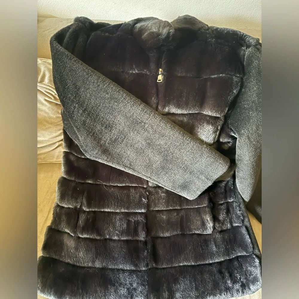 Blue Duck Rex rabbit Fur & lamb flocking Shearling Coat medium - Picture 2 of 5